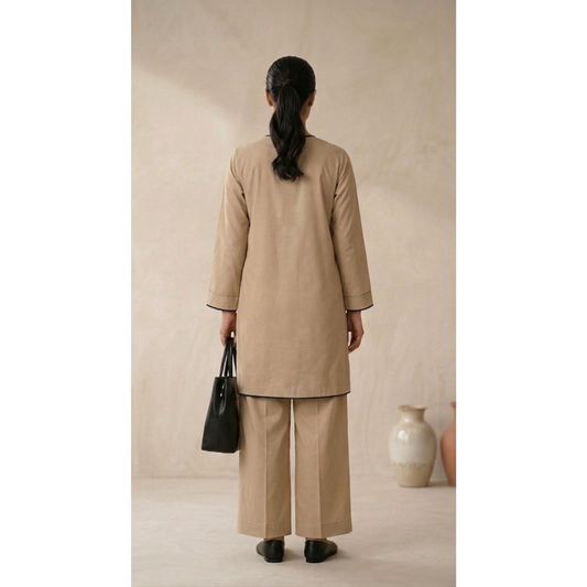 Beige Relaxed Fit Kurta Trouser Set - MY12D08