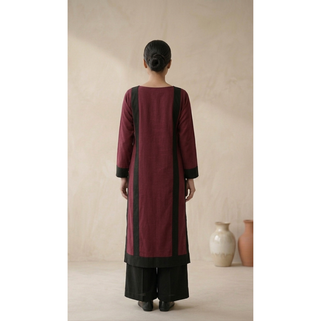Maroon Panelled Kurta Set with Contrast Detailing -MY12D14