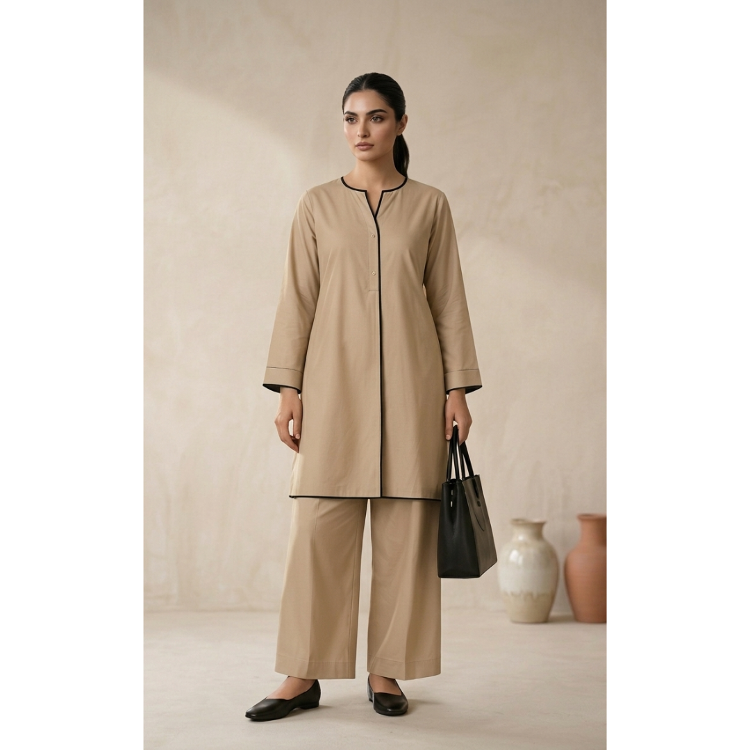Beige Relaxed Fit Kurta Trouser Set - MY12D08
