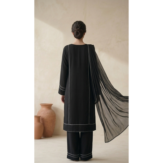 Black 3 piece Set with Draped Dupatta - MY12D05
