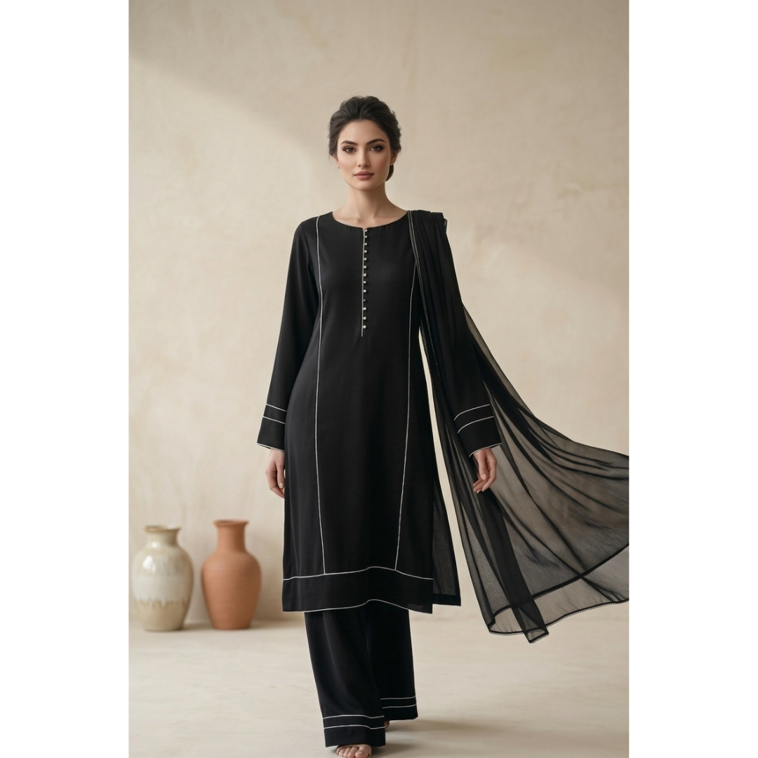 Black 3 piece Set with Draped Dupatta - MY12D05