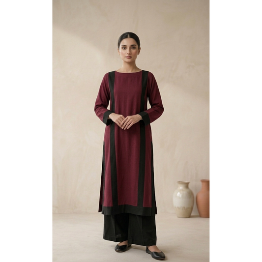 Maroon Panelled Kurta Set with Contrast Detailing -MY12D14