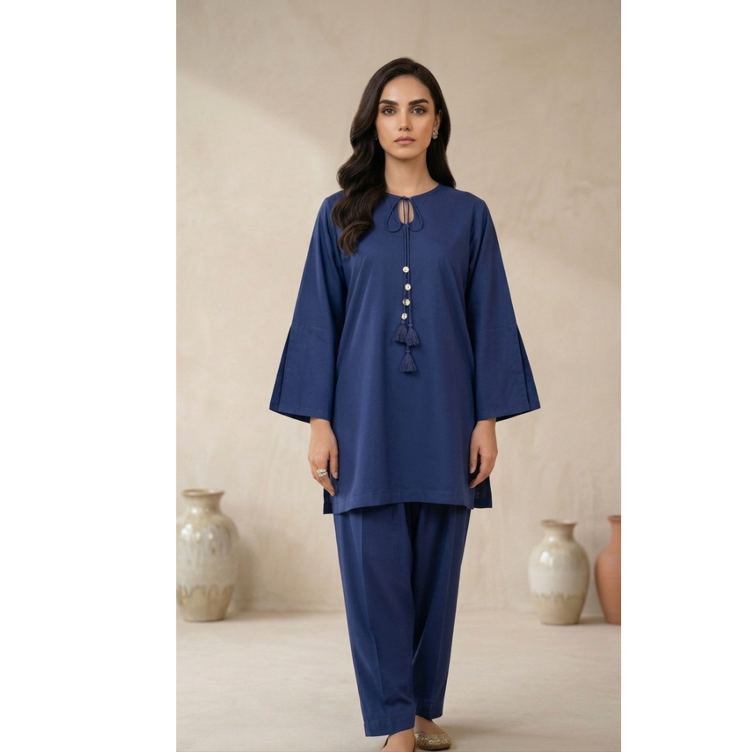 Navy Blue Minimalist Kurta Trouser Set for Women - MY12D16